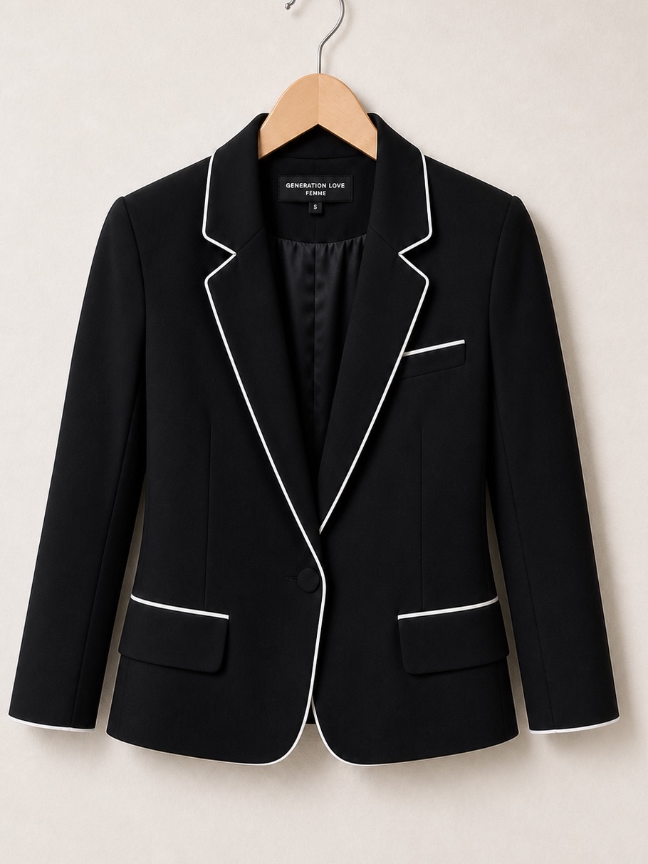 Generation Love Black Tuxedo Blazer With White Piping And Cinched 3/4 Sleeves